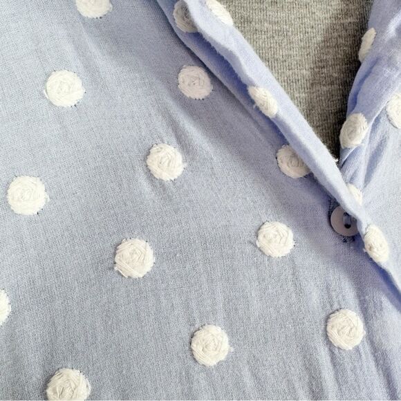 Zara Gauze Embroidered Polka Dot Button Up Shirt Blue White Large - Picture 6 of 12